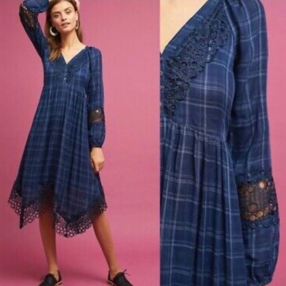 Anthropologie Akemi + Kin Navy Plaid Dress Handkerchief Trim Lace Size 0 Women's
